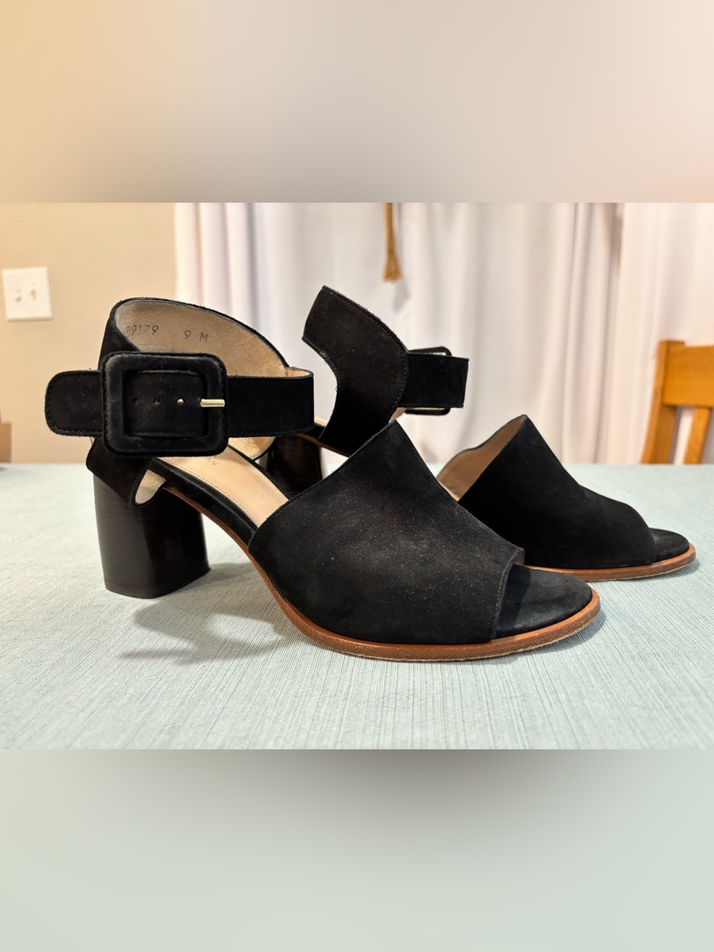 Stuart Weitzman Black Suede Open-Toe Block Heel Sandals with Buckle 9